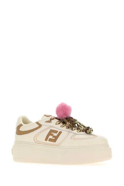 Fendi Match Low Top Platform In White Leather With Charm Women In Neutral