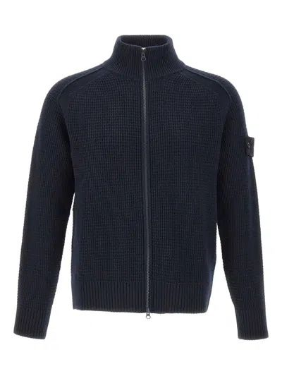 Stone Island Ghost Waffle-knit Virgin Wool Zip-up Cardigan In Blue