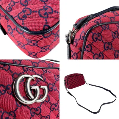 Pre-owned Gucci Navy Red Color Gg Canvas Leather Shoulder Bag ()
