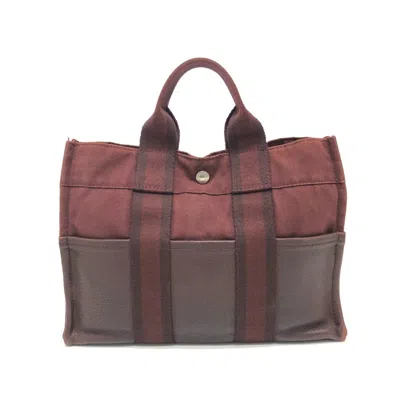 Pre-owned Hermes Red Color Wine Canvas Leather Handbag Tote Bag ()