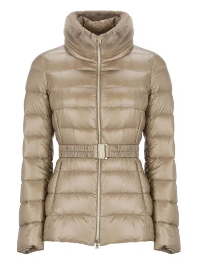 Herno Padded Quilted Down Jacket With Fur Trim In Brown