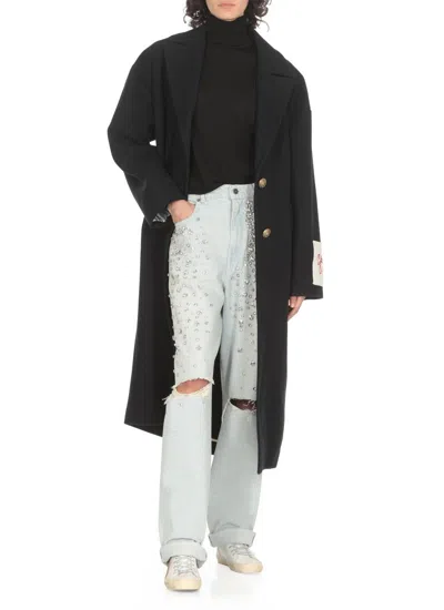 Golden Goose Single-breasted Long Coat In Virgin Wool In Black