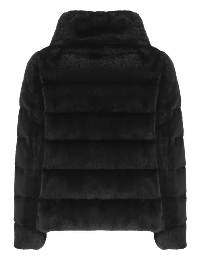 Herno Cropped Black Jacket With Plush Texture And High Collar In Black