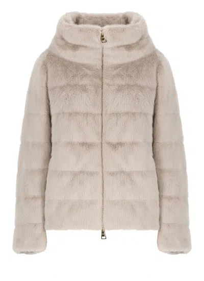 Herno Ivory Faux Fur Quilted Down Jacket In Brown