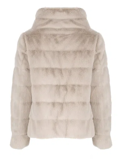 Herno Ivory Faux Fur Quilted Down Jacket In Brown