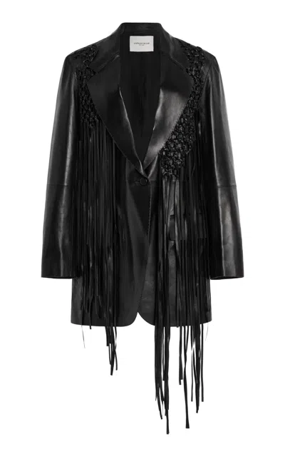 Lafayette 148 Nappa Leather Macrame Fringe Fitted Blazer In Black