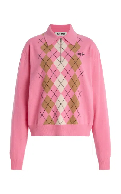 Miu Miu Argyle Pattern Polo With Ribbed Cuffs And Hem In Pink
