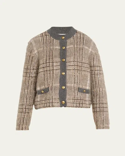 Brunello Cucinelli Cashmere-mohair Paillette Check Jacquard Cardigan In Brown
