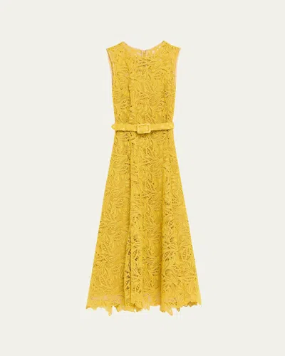 Oscar De La Renta Sleeveless Feather Scroll Guipure Midi Day Dress With Belt In Yellow