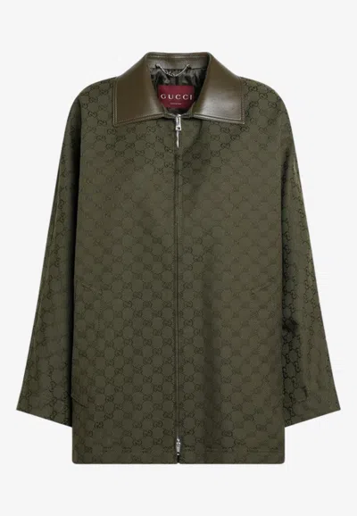 Gucci Gg Monogram Leather-trimmed Oversized Jacket In Green
