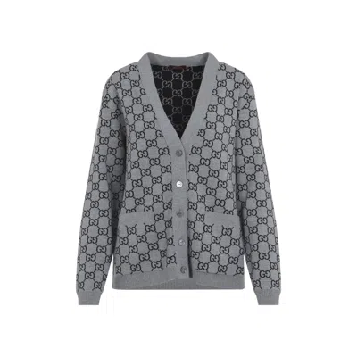 Gucci Wool Jacquard Cardigan With Gg Shadow In Grey