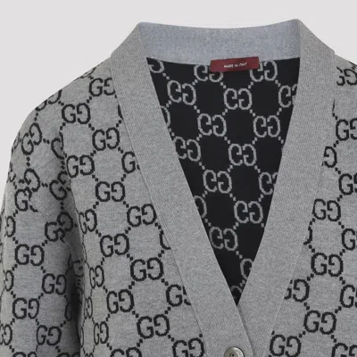 Gucci Wool Jacquard Cardigan With Gg Shadow In Grey