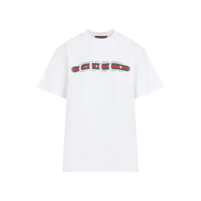 Gucci Women White Crewneck T-shirt Wth Web Print With Logo Lettering On The Front In Cotton Woman