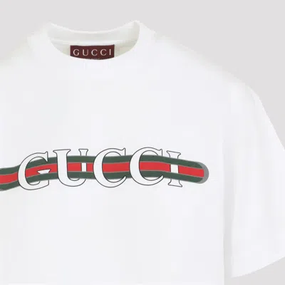 Gucci Women White Crewneck T-shirt Wth Web Print With Logo Lettering On The Front In Cotton Woman