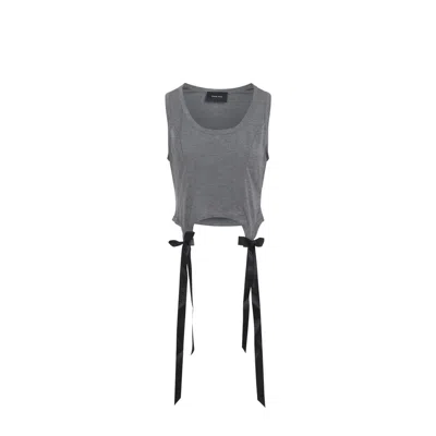 Simone Rocha Cropped Grey Lyocell Tank Top With Asymmetric Hem And Bow Tails In Gray