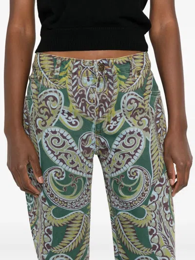 Etro Paisley Print Denim Pants In Green
