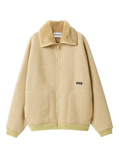 Miu Miu Cotton Fleece Zipper Blouson Jacket In Neutral
