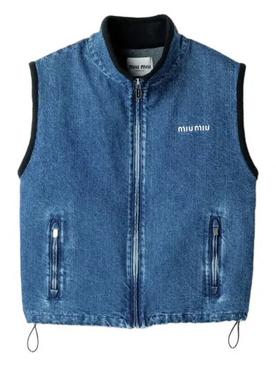 Miu Miu Logo-embroidered Denim Gilet In Blue