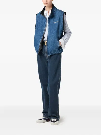 Miu Miu Logo-embroidered Denim Gilet In Blue