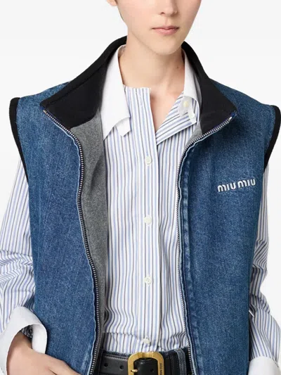 Miu Miu Logo-embroidered Denim Gilet In Blue