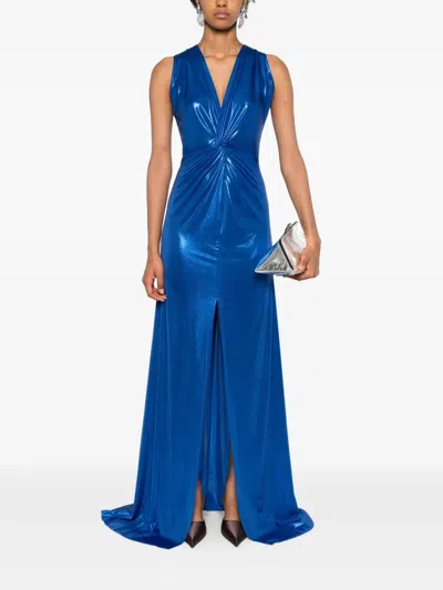 Miau By Clara Rotescu Twist-front Metallic Maxi Dress In Blue