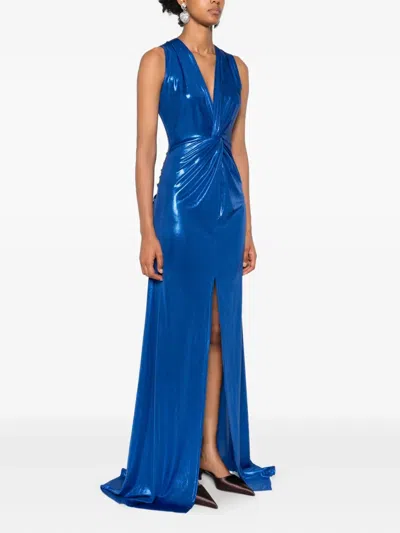 Miau By Clara Rotescu Twist-front Metallic Maxi Dress In Blue