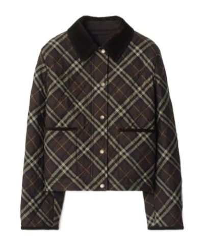 Burberry Cropped Quilted Nylon Jacket With Check Pattern Women In Black