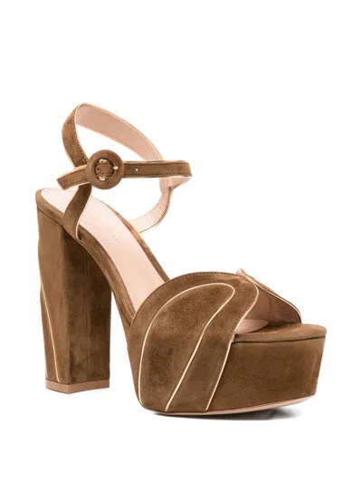 Gianvito Rossi Suede Block Heel Sandals With Platform Sole In Brown