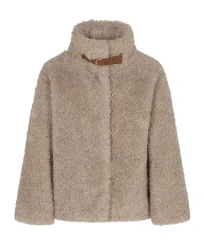 Herno Teddy Bear Texture Coat With High Collar In Brown