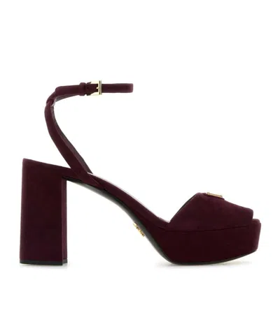 Prada Block Heel Open Toe Sandals With Suede Finish In Burgundy