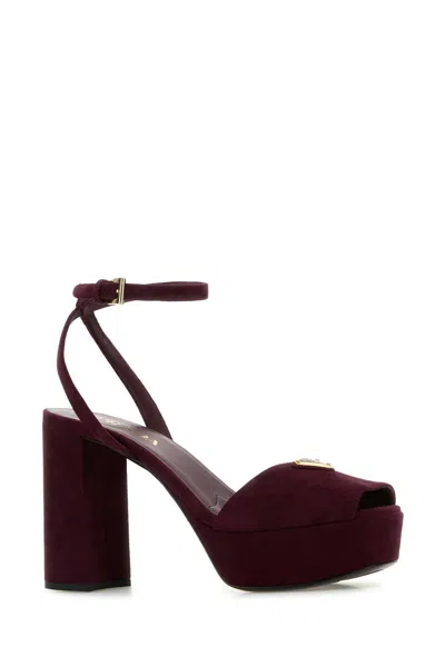 Prada Block Heel Open Toe Sandals With Suede Finish In Burgundy