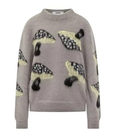Msgm Soft Knit Sweater With Whimsical Mushroom Motif In Gray