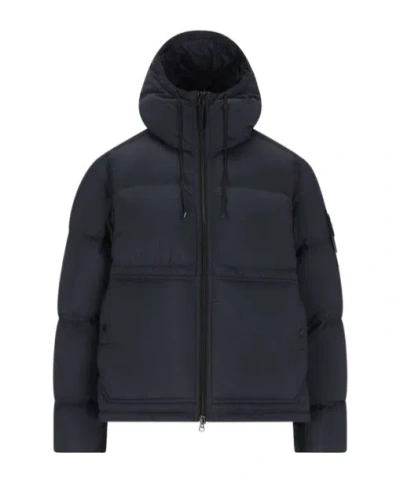 Stone Island Blue Down Jacket With Drawstring Hood And Logo Patch On The Sleeve In Tech Fabric Man In Blue