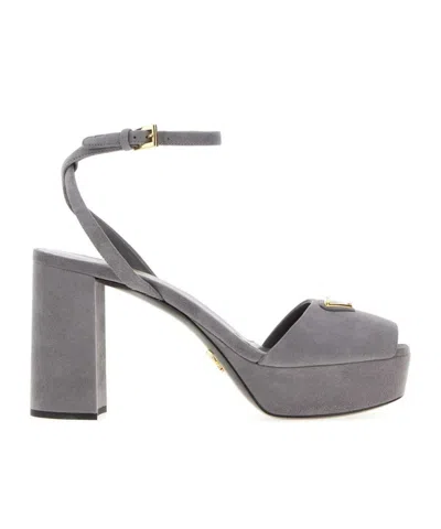 Prada Suede Block Heel Sandals With Open Toe In Gray