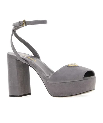 Prada Suede Block Heel Sandals With Open Toe In Gray