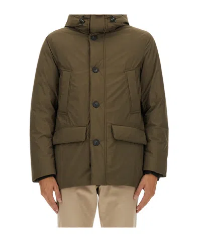 Woolrich Hooded Button-fastening Padded Jacket In Green