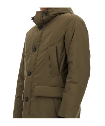 Woolrich Hooded Button-fastening Padded Jacket In Green