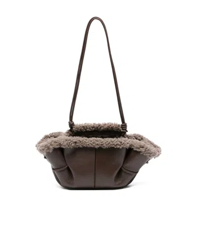 Hereu Mini Leather Handbag Shearling Trim In Brown