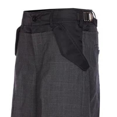 Sacai Check-pattern Buckle Trousers In Gray