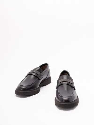 Brunello Cucinelli Black Loafers With Monil Detail On The Front In Smooth Leather Woman In Black