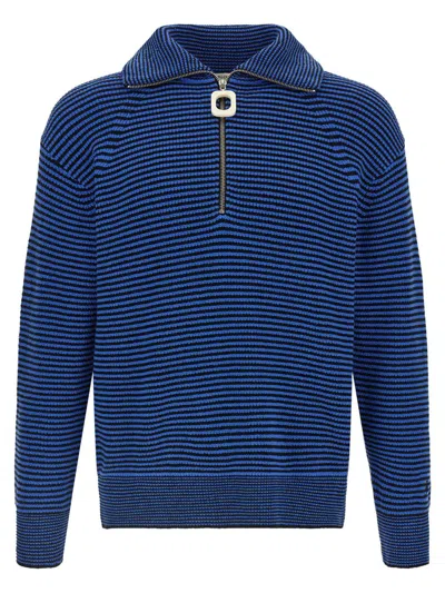 Jw Anderson Blue Sweater With Half Zip Closure On The Front In Cotton Piquet Man In Blue