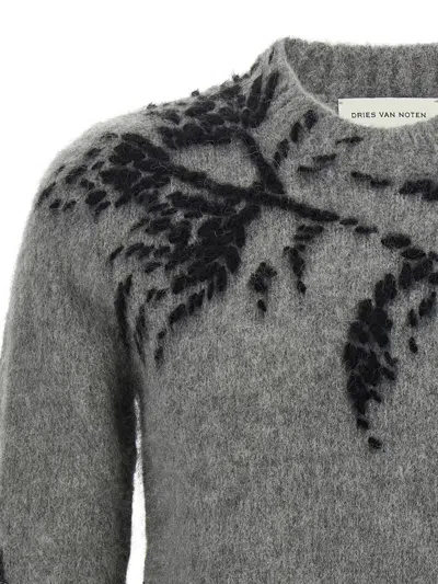 Dries Van Noten Mouche Embroidered Wool Sweater In Gray