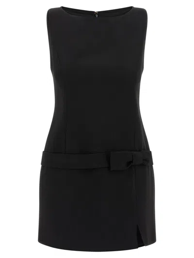 Twinset Black Crewneck Mini Dress With Bow Detail On The Front And Logo Plaque On The Rear In Tech Fabric St In Black