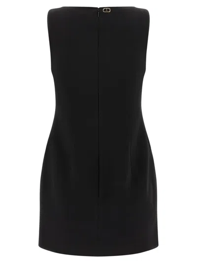 Twinset Black Crewneck Mini Dress With Bow Detail On The Front And Logo Plaque On The Rear In Tech Fabric St In Black