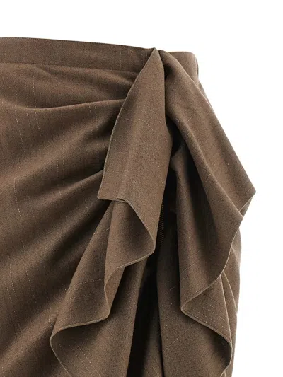 Fabiana Filippi Pinstriped Virgin Wool Midi Skirt With Draping In Brown