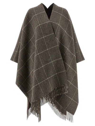 Brunello Cucinelli Reversible Poncho With Fringe And Plaid In Gray