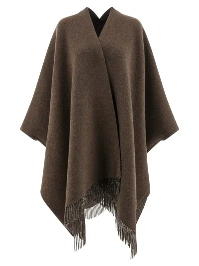 Brunello Cucinelli Reversible Poncho With Fringe And Plaid In Gray