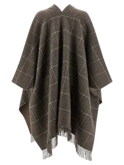 Brunello Cucinelli Reversible Poncho With Fringe And Plaid In Gray