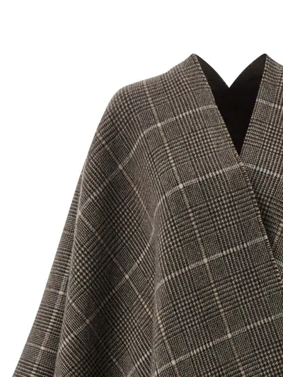 Brunello Cucinelli Reversible Poncho With Fringe And Plaid In Gray