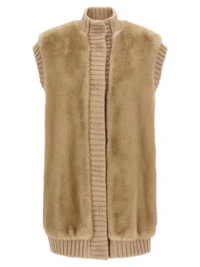 Pinko 'genovese' Beige Sleeveless Vest With High Neck And Ribbed Details  In Ecofur Woman In Neutral